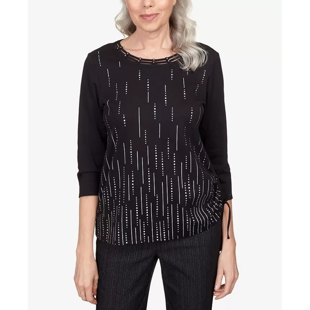 Alfred Dunner Petite Brown Rhinestone Studded Cage Neck 3/4 Sleeve Top PS